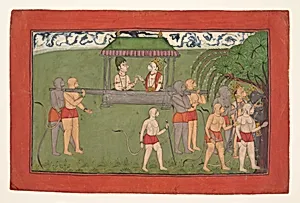 Lakshmana and Sugriva Being Carried by Palanquin to Receive Rama's Blessings: Folio from the dispersed “Mankot" Ramayana series