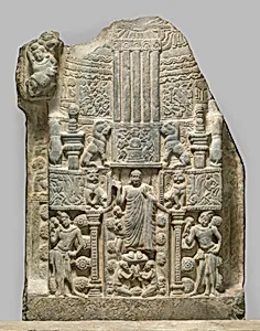 Drum panel depicting a stupa with the Buddha’s descent from Trayastrimsa Heaven