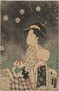 Woman and Child Catching Fireflies by Eishōsai Chōki