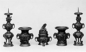 Three Votive Implements: Incense Burner, Candlestick, and Vase