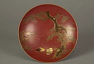 Sake Cup with Scenes from the Noh Plays Pine in the Winds, Yōrō Falls, and The Tengu of Mount Kurama by Shomosai