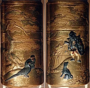 Case (Inrō) with Design of Momotarō and Dog on the way to the Island of the Devils (obverse); Monkey with Pheasant (reverse) by Kogyoku Tokayo
