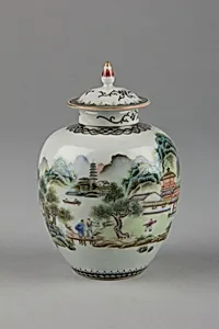 Covered jar with landscape