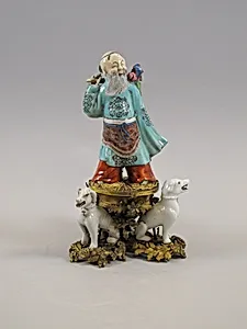 Figure of God of Longevity (Shoulao) and two dogs