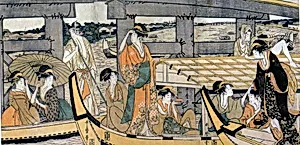 Enjoying the Cool Evening Breeze on and under the Bridge by Kitagawa Utamaro
