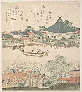 River Scene with Bridge in Foreground by Katsushika Hokusai