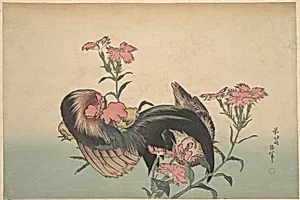 Cock, Hen, and Nadeshiko (Dianthus Superbus) by Katsushika Hokusai