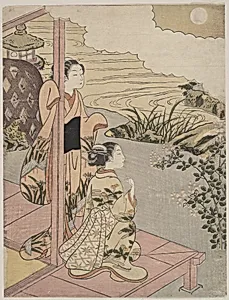 Two Girls on a Veranda beside a Stream with the Moon by Suzuki Harunobu