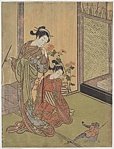 Two Girls Looking at a Monkey on a Leash by Suzuki Harunobu