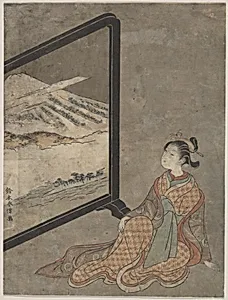 Young Woman with a Pipe in Her Hand Gazing at Landscape Painted on a Screen by Suzuki Harunobu
