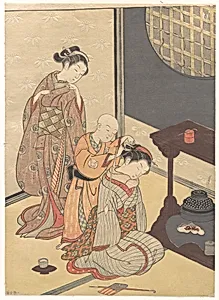 Night Rain at the Double-Shelf Stand, from the series Eight Parlor Views (Zashiki hakkei) by Suzuki Harunobu