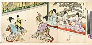 Ladies in Waiting of the Chiyoda Castle: Sword Practice and Puppet Kyōgen by Yōshū (Hashimoto) Chikanobu