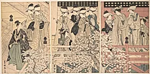 Beauties on a Veranda among Cherry Blossoms from which a Samurai is Departing by Utagawa Toyokuni I