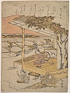 Woman on Veranda, Spinning; another Pounding Cloth on Rock in Foreground by Katsukawa Shunshō　勝川春章