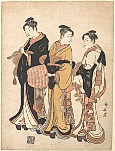 Three Young Women Masquerading as Komuso (Strolling Minstrel) by Torii Kiyonaga