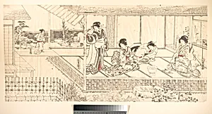 Two Court Ladies (Goten Jochu) and a Geisha at a Restaurant by Utagawa Kunisada|Ichiransai Kunitsuna