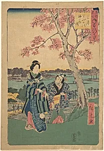 Plum-blossom viewing in the third month at Sumida River from the series Annual Events at Famous Places in the Eastern Capital (Tōto meisho nenjū gyōji sangatsu sumitagawa waka mōde) by Utagawa Hiroshige
