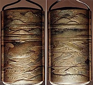 Case (Inrō) with Design of Persons Steering Wood Rafts on River in Mountain Landscape