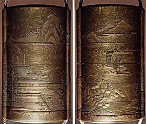 Case (Inrō) with Design of Chinese-Style Buildings in a Mountain Landscape (obverse); Boats on Waves in a Mountain Landscape (reverse)