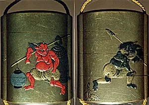 Case (Inrō) with Design of an Oni (Demon) Carrying a Temple Bell and Paper Lantern over His Shoulder (obverse); Oni Carrying Fish Head Stuck on a Pole and Holly Branch (reverse)