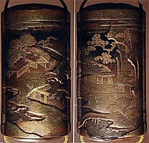 Case (Inrō) with Design of Thatched Buildings Beside River Landscape