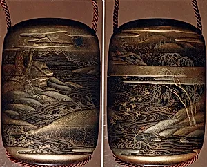 Case (Inrō) with Design of Winding River, Birds in Flight, Trees and Clouds