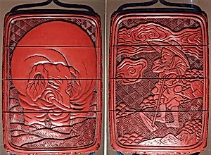 Case (Inrō) with Design of Elephant on Brocade Pattern (obverse); Person with Wide Hat and Hoe (reverse)