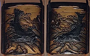 Case (Inrō) with Design of Dragonfish beside Rocks and Waves