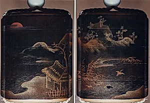 Case (Inrō) with Design of Thatched Hut with Crane, Reeds and Mountains