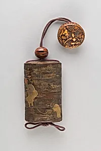 Case (Inrō) with Design of Monkey Trainer and Seated Monkey on Leash (obverse); Bundle, Hat, Sticks and Staff (reverse)