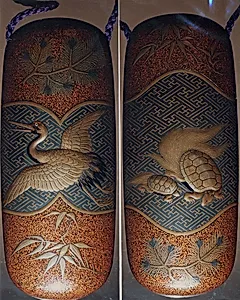 Case (Inrō) with Design of Long-Haired Turtles (obverse); Stork with Pine Sprigs (reverse)