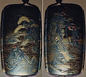 Case (Inrō) with Design of Monkeys Hanging from Trees Above Waves (obverse); Monkeys Seated on Rocks (reverse)