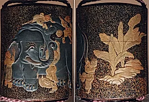 Case (Inrō) with Design of Blind Men Climbing all over Elephant Beside Banana Plants