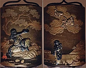 Case (Inrō) with Design of Magician Handaka Sonja Seated beneath Tree (obverse); Karako Pointing at Dragon in Sky (reverse)