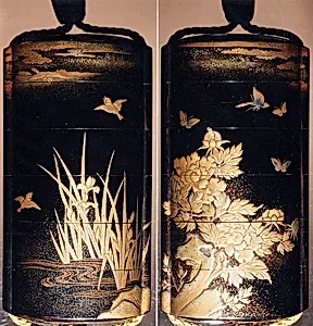 Case (Inrō) with Design of Birds in Flight above Flowering Iris (obverse); Butterflies above Flowering Peony (reverse)