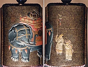Case (Inrō) with Design of Caparisoned Elephant Standing (obverse); Two Karako with Trumpet, Banner (reverse)