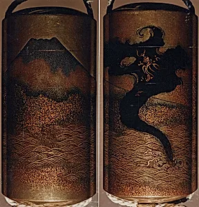 Case (Inrō) with Design of Dragon in Clouds Emerging from Waves before Mount Fuji