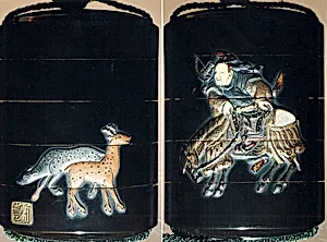 Case (Inrō) with Design of Hunter Dismounting Horse (obverse); Two Spotted Deer (reverse)