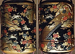 Case (Inrō) with Design of Chinese Lions (Karashishi) with Peonies and on Bridge
