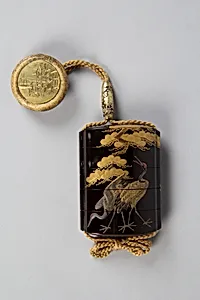 Case (Inrō) with Design of Cranes Standing Beneath a Gnarled Pine Tree and Netsuke Depicting Yoshitsune and Benkei by Hakusai|Hogen Kosen
