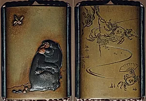 Case (Inrō) with Design of Seated Monkey Looking at a Wasp (obverse); Crabs with Fan beside Waves (reverse) by Mori Sosen