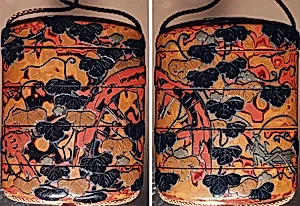 Case (Inrō) with Design of Praying Mantis beside Broken Wheel Overgrown with Vines