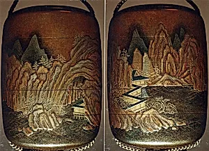 Case (Inrō) with Design of Chinese-Style Mountain Landscape with Buildings beside Rocks