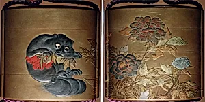 Case (Inrō) with Design of Flowering Peonies (obverse) Cat Biting into Peony Stem (reverse)