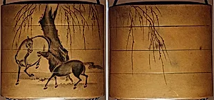 Case (Inrō) with Design of Two Horses beneath Leafless Weeping Willow Tree