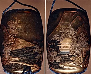 Case (Inrō) with Design of Building beside Winding River in Mountain Landscape and Full Moon