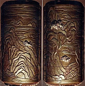 Case (Inrō) with Design of Shishi Dog Throwing its Young from Rocks (obverse); Shishi Dog Climbing up a Cliff (reverse)