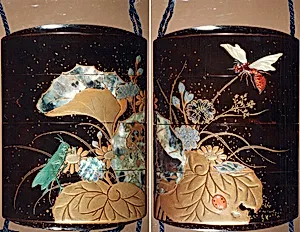 Case (Inrō) with Design of Flowering Plants with Dragonfly and Insects