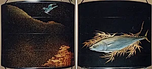 Case (Inrō) with Design of Flying Cuckoo in Flight above Pines (obverse); Bonito (Fish) on Bamboo Leaves (reverse) by Toyōsai (1772–1845)