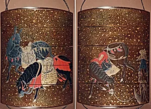 Case (Inrō) with Design of Two Saddled Horses (obverse); Saddled Mule beside Decorated Post (reverse)